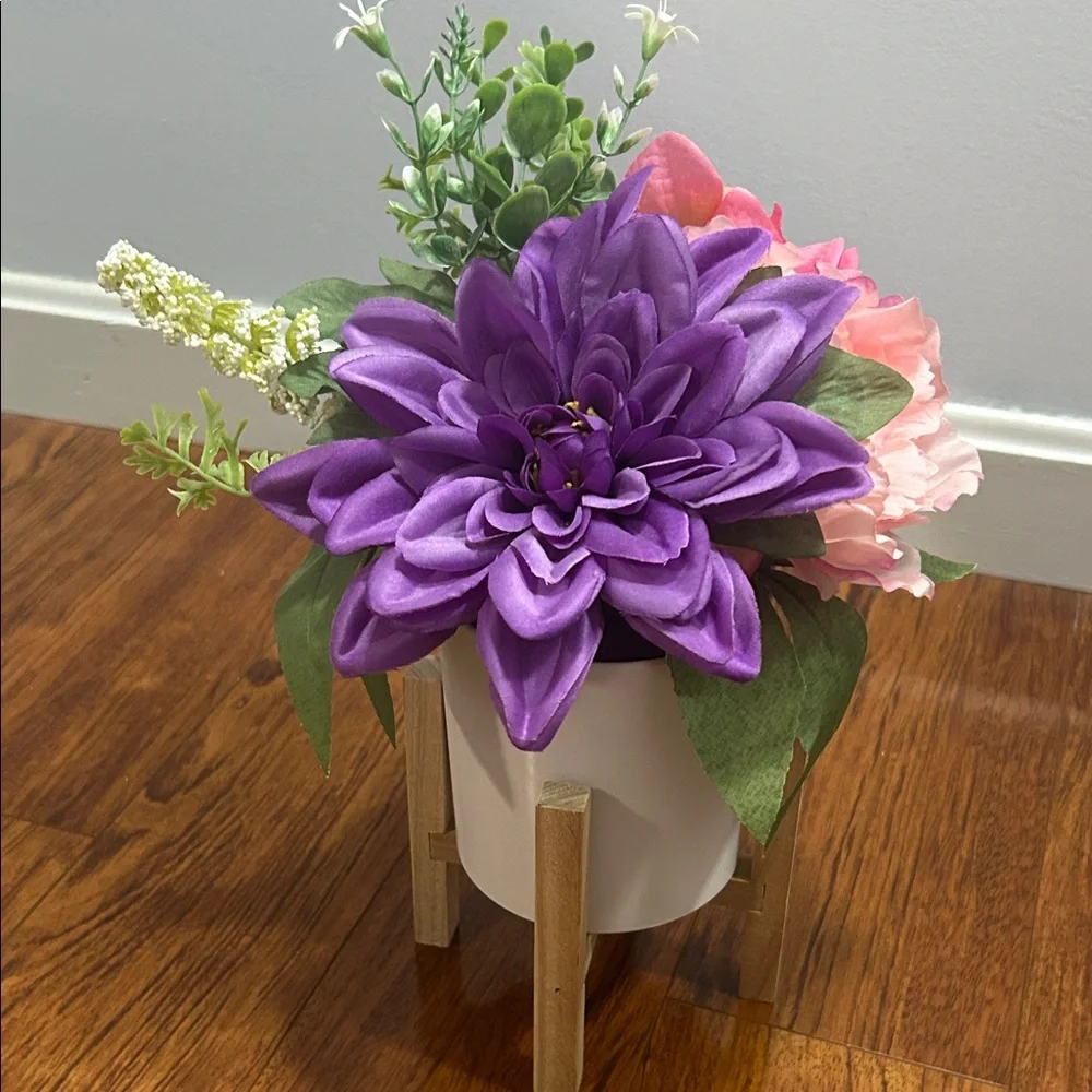 Purple Artificial Flower Arrangement in Modern Pot